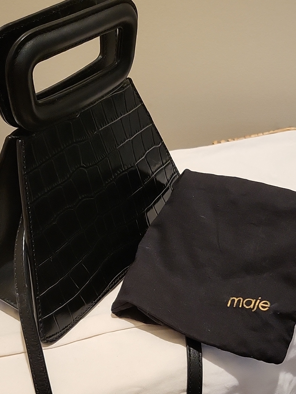 Maje Structured Croc-Embossed Top-Handle Bag in Black - Picture 9 of 10